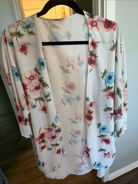 White Floral Open-Front Kimono Cardigan